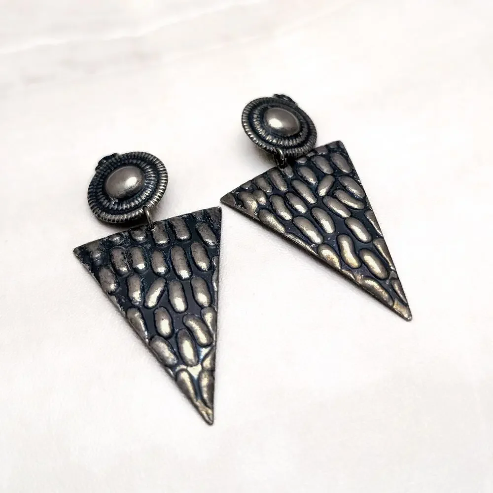 Vintage Clip On Earrings Long Triangle Shape Statement Dangle Dark Metal